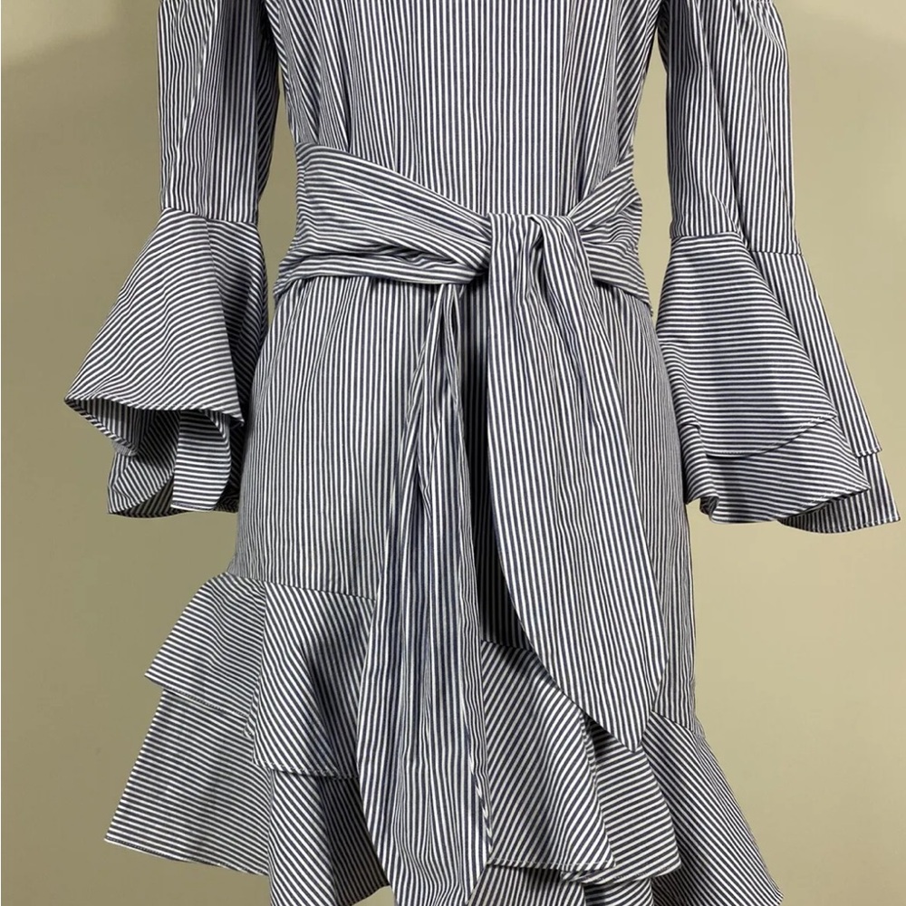 Intermix Size 2 Ellie Striped Asymmetric Bell Sleeve Belted Dress View 4